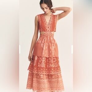 Farm Rio x Anthropologie plunging neckline tiered skirt Midi Dress size Small